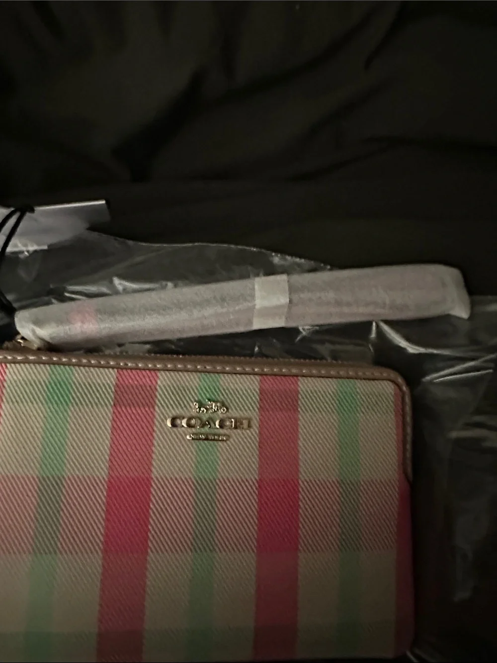 Coach Pink & Mint Plaid Zip Wristlet